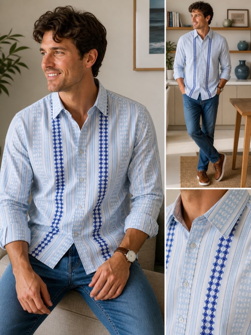 Perry Ellis America XL Blue Stripe Embroidered Button Down Shirt